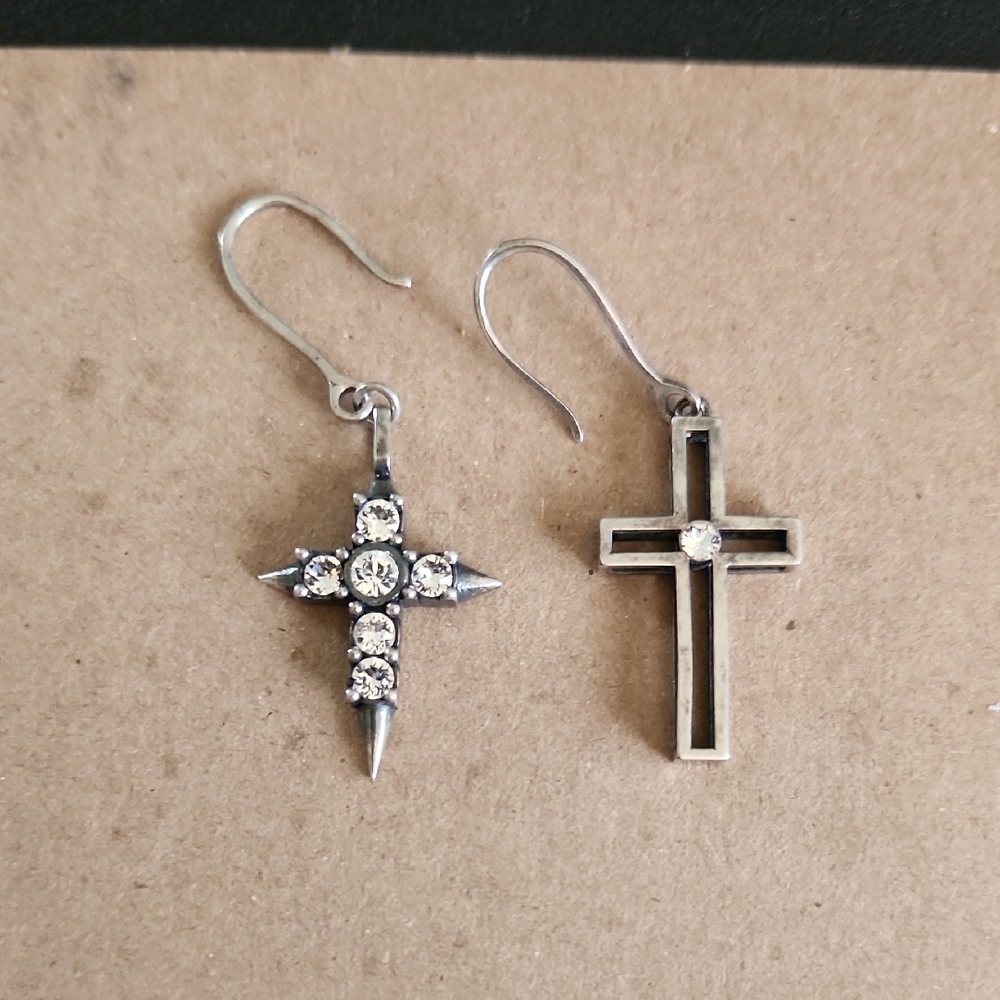 Yves Saint Laurent Asymetrical Oxidized Silver Tone Cross Drop Earrings - Picture 2 of 9